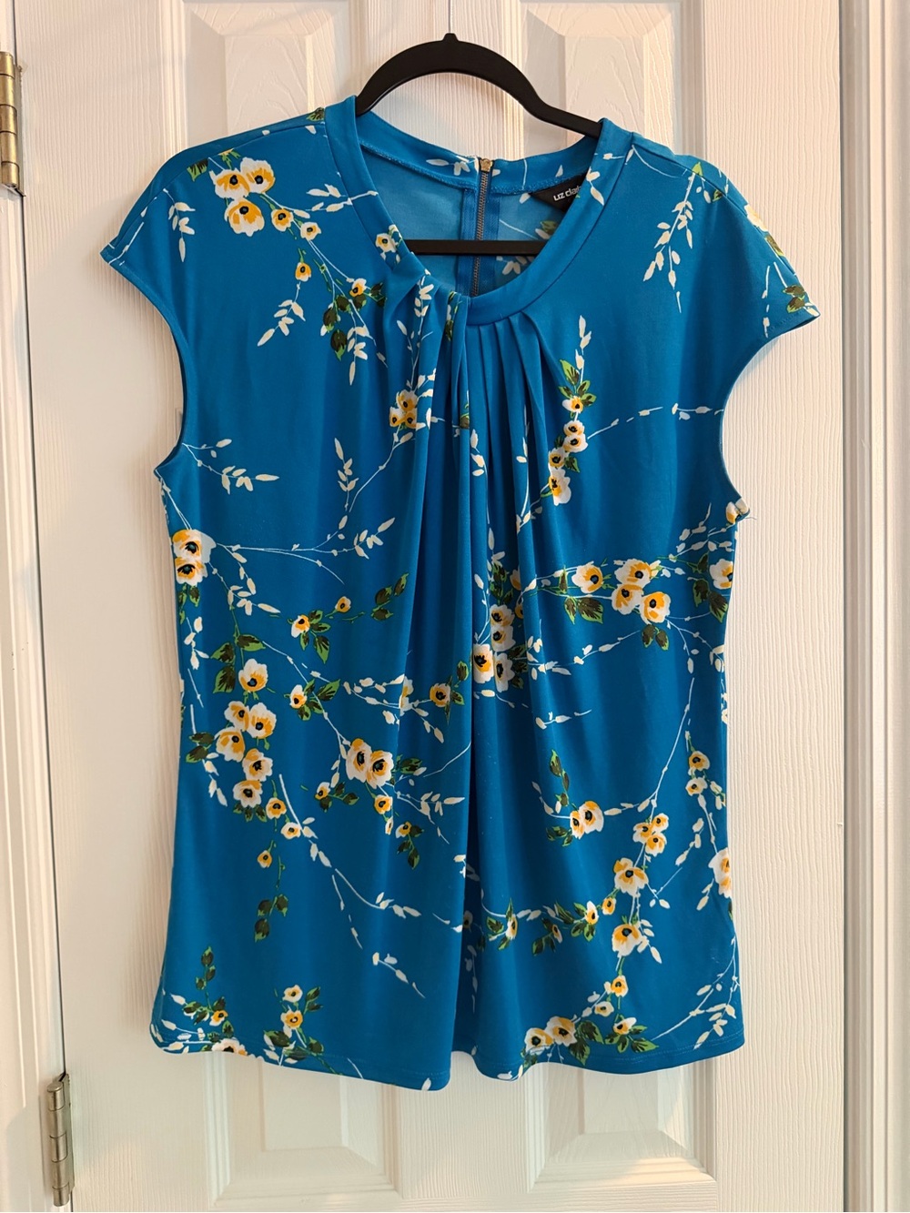 Liz Claiborne Teal Floral Pleat Front Cap Sleeve Tank